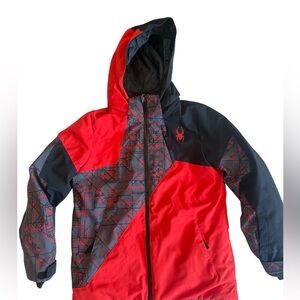 Spyder Boys Size 14 Red Black Snow Ski Jacket Snowboard Removable Hood As Is